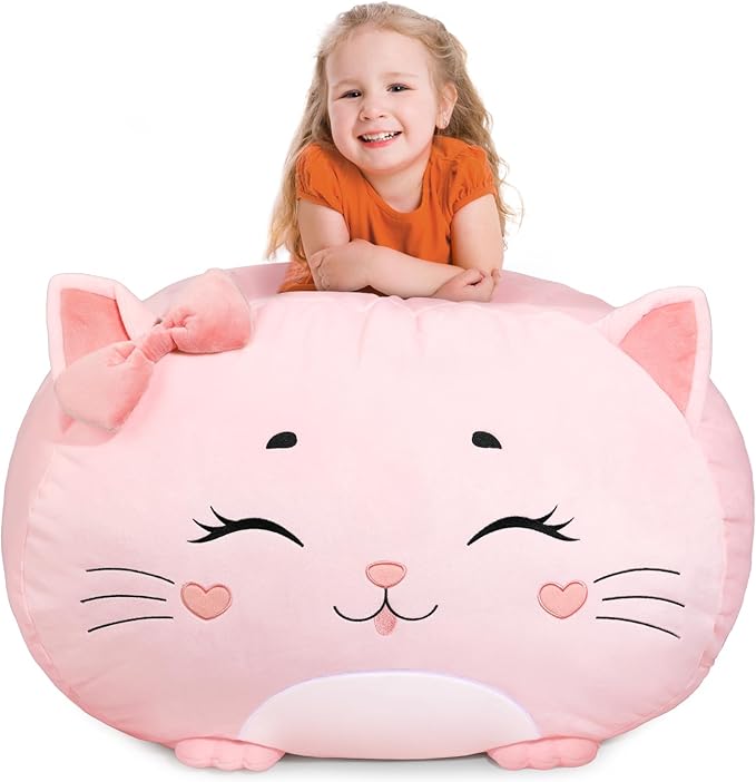 GAGAKU Stuffed Animal Bean Bag Cover Toy Storage, 24 Inches Kids BeanBag Pink Small Cat Large Zipper Bean Bag for Organizing Kids Plush Toys Home Supplies