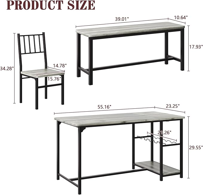 4 EVER WINNER Dining Room Table Set for 4, 55" Kitchen Table Set with Storage Shelf, Wine Rack & Wine Glasses Holder, Dining Table Set with 2 Chairs and Bench for Dining Room, Kitchen, Grey