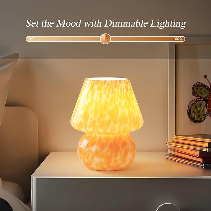 Flame Orange Mushroom Table Lamp – Mid-Century Modern Small Bedside Light for Bedroom & Living Room | Cute Mini Nightstand Lamp with Aesthetic Decor, Blending Retro Charm