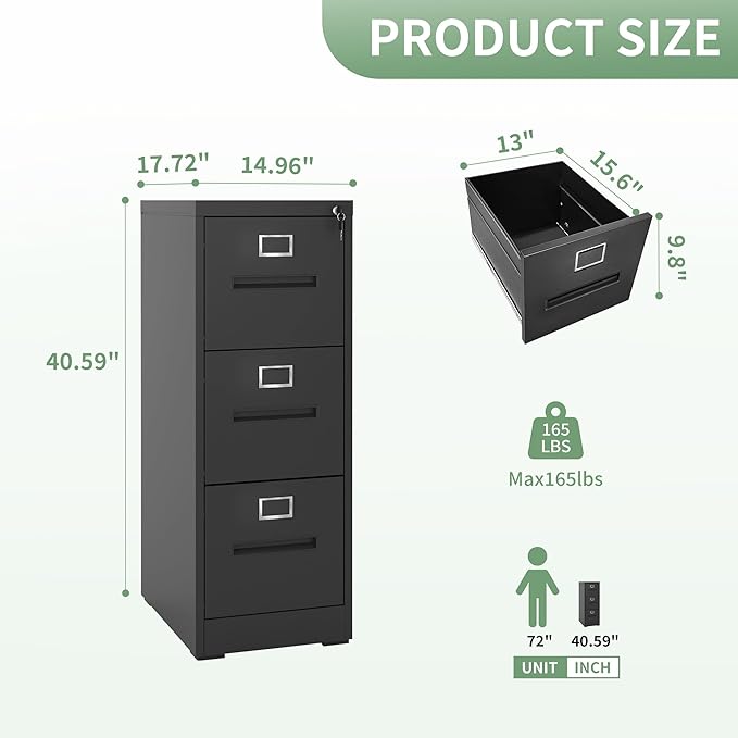 AQY 3 Drawer File Cabinet with Lock,Filing Cabinets for Home Office,Metal File Cabinet 18" Deep Vertical Storage Drawer for Hanging A4/F4/Letter/Legal Size Files, Assembly Required