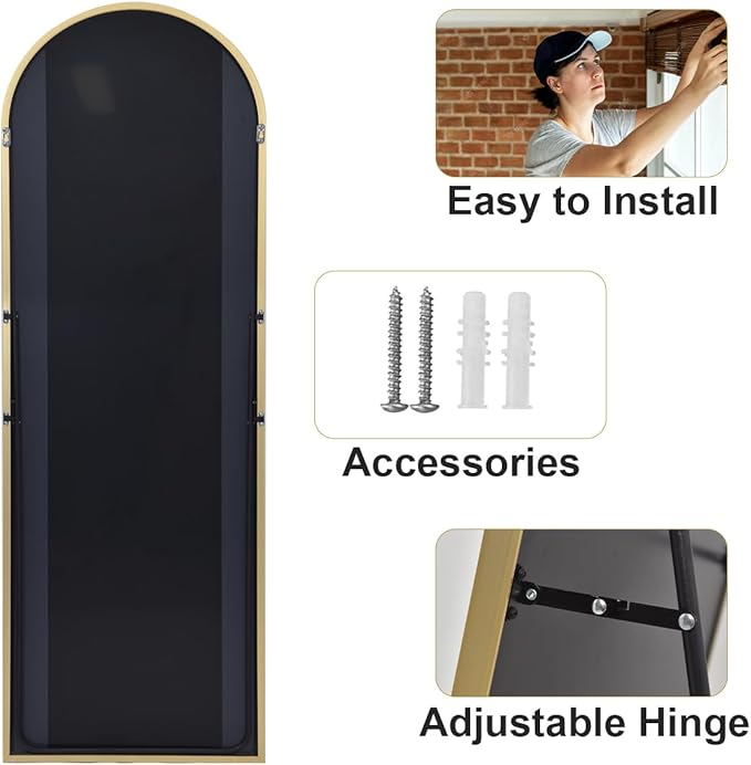 HARRITPURE 64"x21" Arched Full Length Mirror Free Standing Leaning Hanging Mounted Mirror Aluminum Frame Modern Simple Home Decor for Living Room Bedroom Cloakroom, Gold