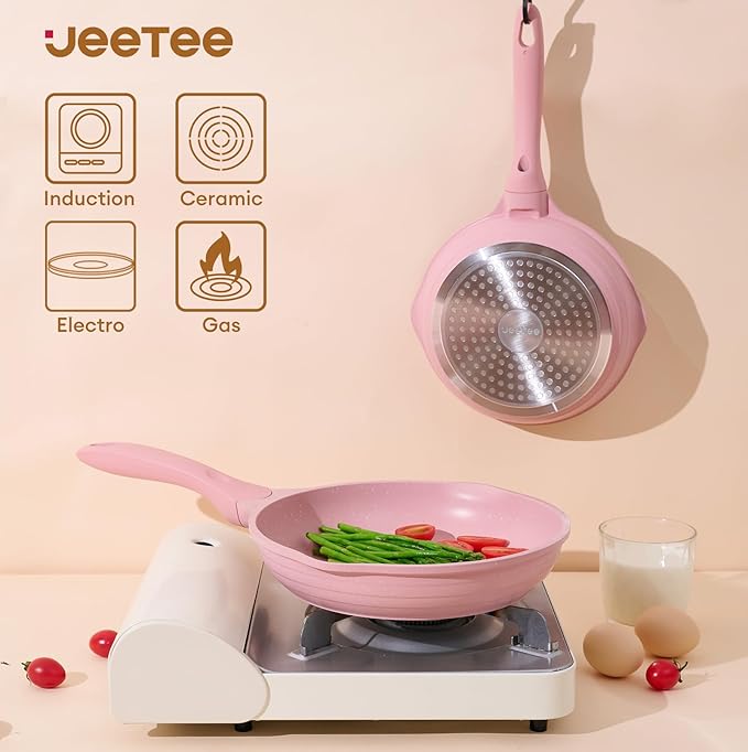 JEETEE Pink Pots and Pans Set Nonstick 23pcs, Healthy Kitchen Cookware Sets, Induction Cooking Set Pink Frying Pans, Saucepans, Sauté & Griddle & Crepe Pan (PFOA Free)