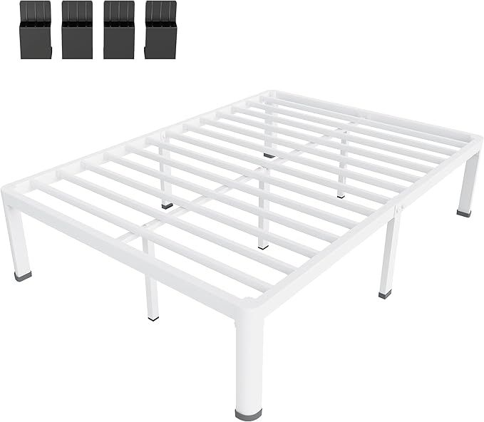 MAF 18 Inch Full Size Bed Frame White with Round Corner Legs Mattress Slide Stopper No Box Spring Needed Heavy Duty Metal Platform Bed Frames Under-Bed Storage Space, 3000 LBS Steel Slats Support