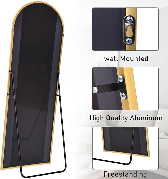 Arched Floor Mirror, 56"x20" Full Length Mirror, Standing Mirror Hanging or Leaning, Body Mirrors with Stand, Wall Mounted Arched-Top Mirrors with Aluminum Frame for Bedroom (Gold)