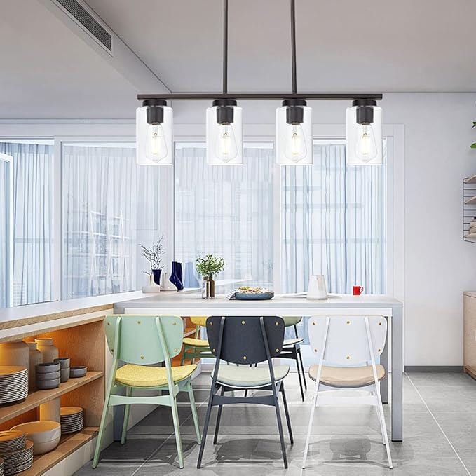 Farmhouse Dining Room Chandelier 4-Lights Kitchen Island Light, Clear Glass Pendant Lighting Fixtures in Oil Rubbed Bronze