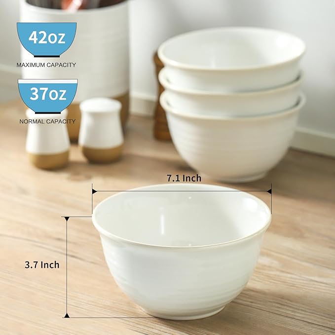 Hasense Soup Bowls, 40 Ounce Large Cereal Bowls for Kitchen, 7 Inch Ceramic Serving Dishes for Salad Pasta Oatmeal, Dishwasher and Microwave Safe, Clay-Infused White