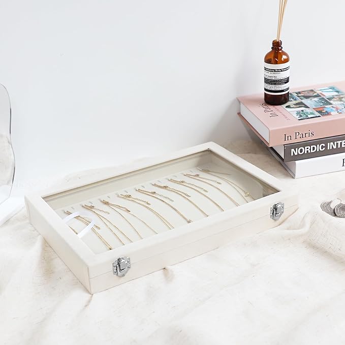 Wudygirl Necklace Organizer with Clear Glass Lid Stackable Jewelry Organizer Tray with 20 Hooks for Necklace Bracelet(Beige Necklace Box)