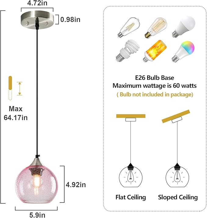 Pink Glass Pendant Lights Kitchen Island Globe Pendant Light Fixtures Modern Pendant Lighting for Bedroom Living Dining Room Light Fixture (5.9 in, 2 Pack)