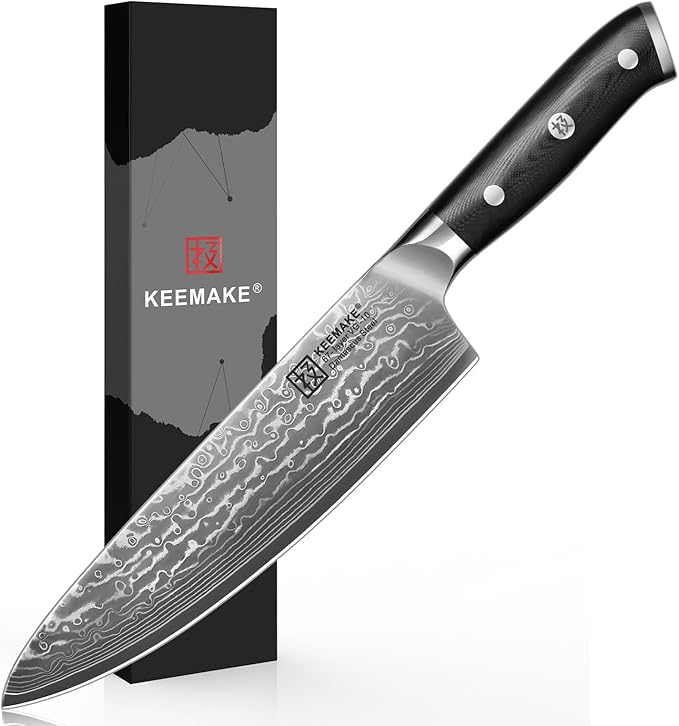 KEEMAKE Chef Knife, 8 Inch Damascus Kitchen Knife, 67 Layers Damascus Steel Knife with Japanese VG10 Core, Razor Sharp Chefs Knife with Ergonomic G10 Handle for Meat Vegetable