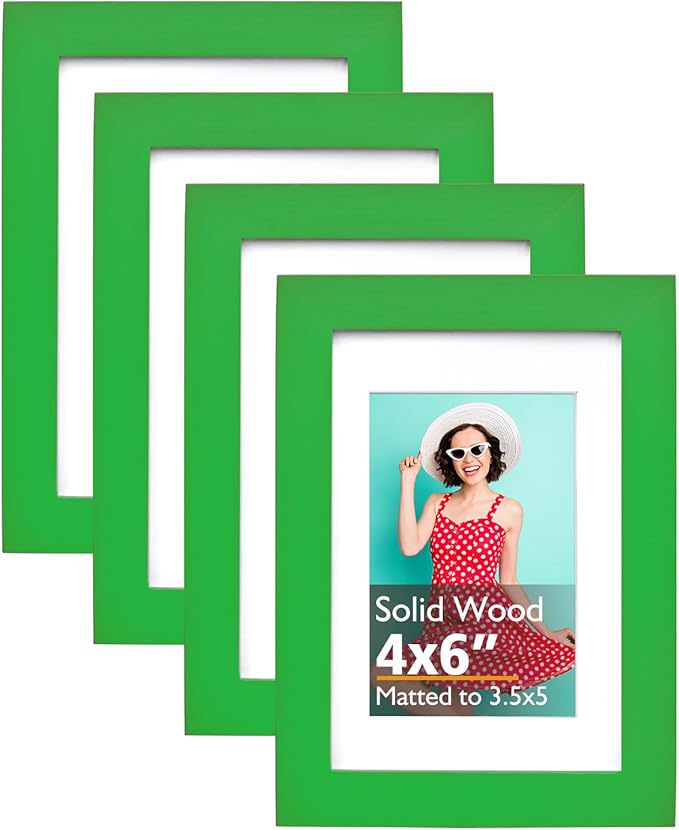 KINLINK 4x6 Picture Frame Grass Green, Solid Wood Frames with Acrylic Plexiglass for 3.5x5 with Mat or 4x6 without Mat, Tabletop and Wall Display Photo Frame, 4 Pack