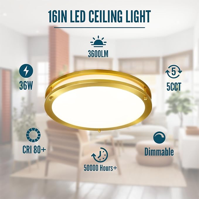 Gold Light Fixtures Ceiling Mount 16 inch Set of 2, Modern Kitchen Lighting Fixtures Ceiling 36W, Dimmable Close to Ceiling Light Fixture 5CCT for Bedroom, Bathroom, Living Room