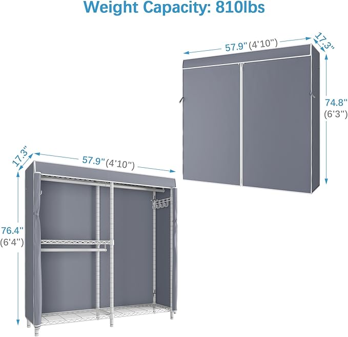 VIPEK V4C Heavy Duty Adjustable Clothing Rack, White Metal Closet Rack with Grey Cover, 57.9" L x 17.3" W x 76.4" H, 3 Hanging Rods & Side Hooks, Portable Closet