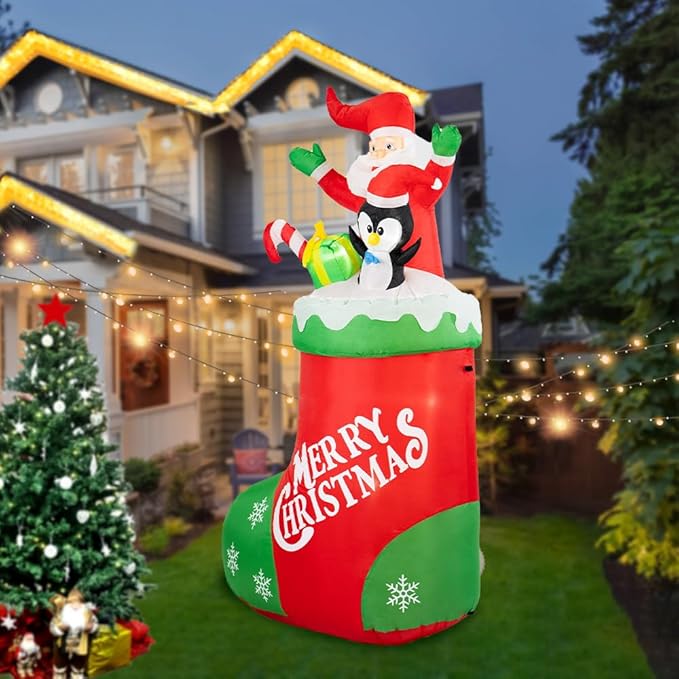 7FT Christmas Inflatable Socks with Santa Inflatable Outdoor Christmas Decorations Blow Up Yard Decoration with LED Lights for Christmas Fun Holiday Party Yard Garden Lawn Decor