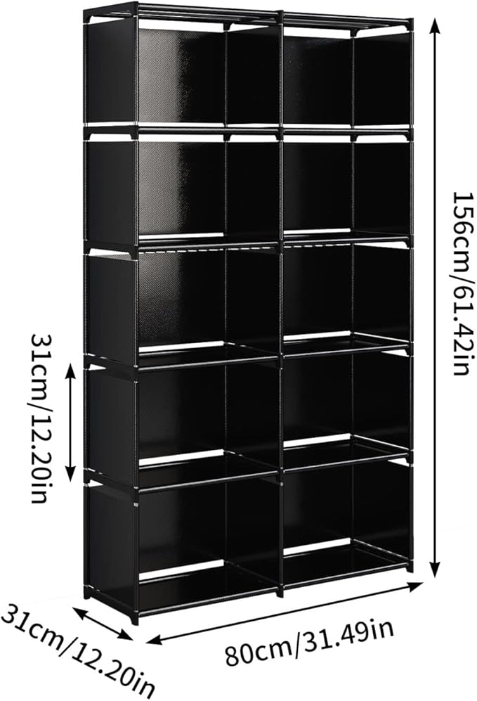 JIUYOTREE 6-Tiers Portable Bookshelf with Fabric Cloth at Back, 10 Cube Closet Storage Organizer Bookcase, Living Room,Study Room,Bedroom, Black