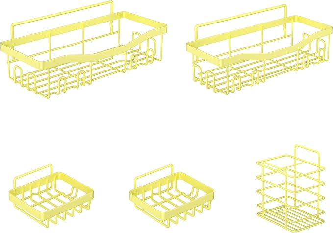 Adhesive Shower Caddy, No Drilling Bath Organizers 5 Pack, Rustproof Shelves with Soap Holder & Toothbrush Holder, Bathroom Organizers and Storage, Yellow