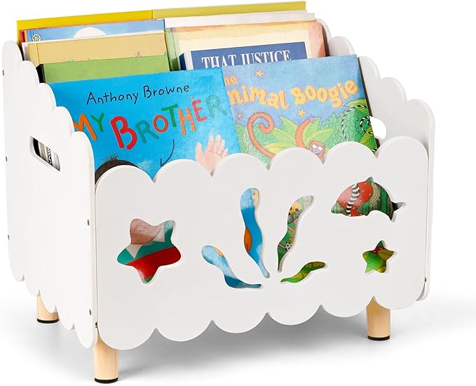 Liitrton Wood Kids Bookshelf for Kids Rooms, Toddler Montessori Bookshelf with 3 Adjustable Dividers, Small Kid Bookcase for Nursery Book Toy Storage (White)