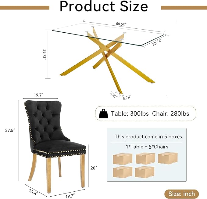 Goujxcy 7 Piece Glass Dining Table Set Modern Glass Dining Table Set for 6, 61" Rectangular Gold Kitchen Table and 6 Velvet Upholstered Chairs, Gold Table & Black Chair