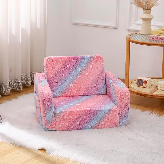 Furnishh Kids Sofa Couch Fold Out, Baby Toddler Comfy Soft Chair for Boys Girls, Flip Out Foldable Children 2 in 1 Convertible Sofa to Lounger, Folding Child Sleeper for Playroom, Pink Star