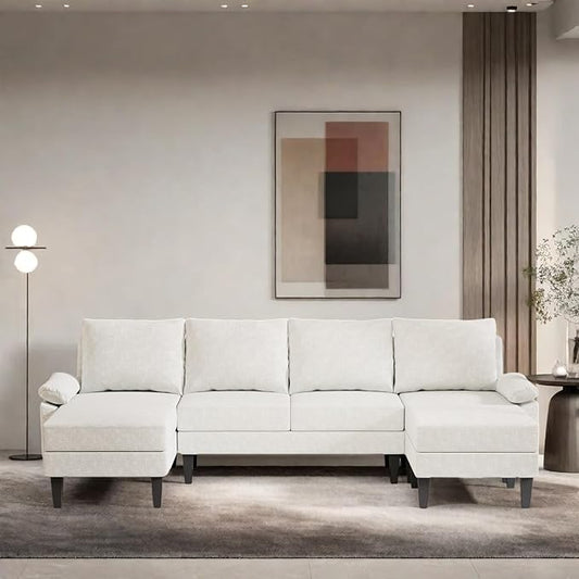 FONTOI 115 Inch U Shaped Sectional Couch with Chaise, 5-Seat Sofa with Moveable Ottoman, Modern Modular Sofa for Living Room, Apartment, Off-White