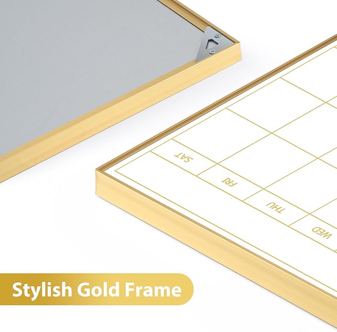 ARCOBIS Dry Erase Calendar with Cork Board, 36"x24" Magnetic White Board Calendar Dry Erase for Wall, Gold Frame Combination Board for Office, Home, School