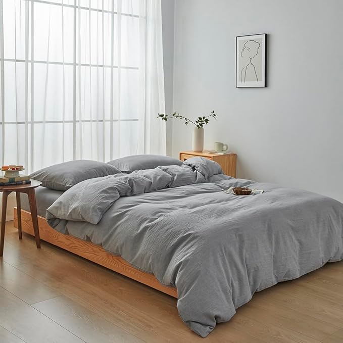 FACE TWO FACE Bedding Duvet Cover Set100% Washed Cotton Duvet Cover Linen Like Textured Breathable Durable Soft Comfy (California King, Light Grey)