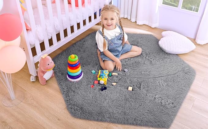 junovo Ultra Soft Rug for Nursery Children Room Baby Room Home Decor Dormitory Hexagon Carpet for Playhouse Princess Tent Kids Play Castle, Diameter 4.6 ft, Grey