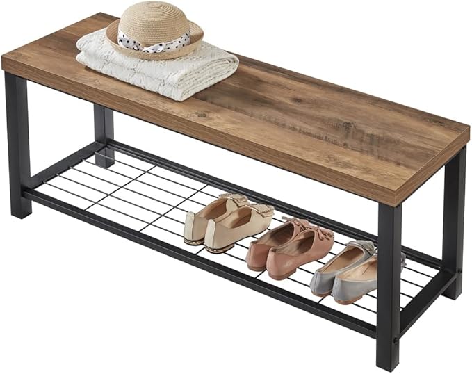 FOLUBAN Entryway Bench, Modern Shoe Storage Bench, Rustic Wood and Metal Entry Bench for Hallway Front Door Entrance, Industrial Indoor Bench for Bedroom Living Room, Oak, 43.3 Inch