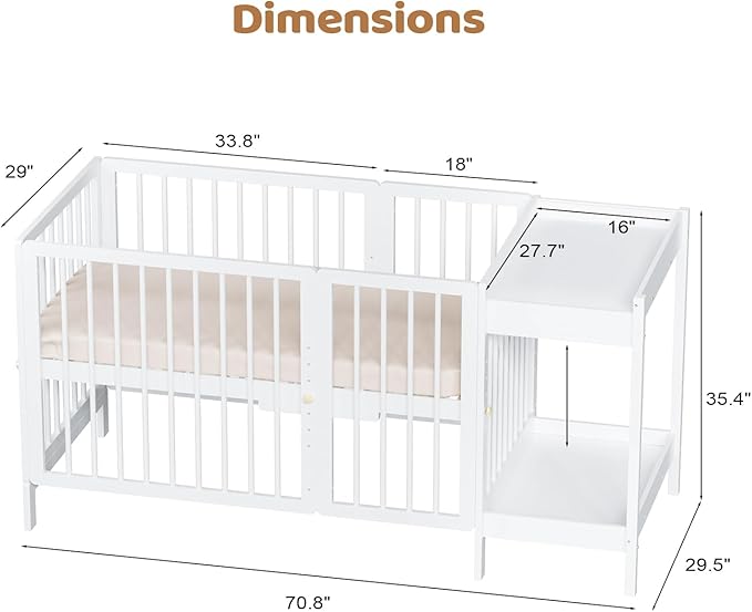 JOYMOR 8 in 1 Convertible Crib with Changer, Include 2” Mattress, Converts to Bassinet, Mid Crib, Full Size Crib, Daybed,Toddler Bed and Playard (Crib with Changer, White)