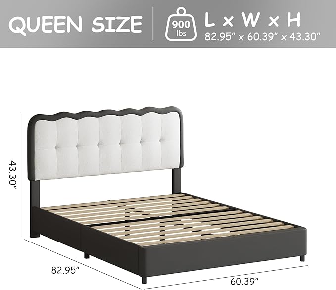 BarnFurin Queen Bed Frame with LED Lights, Queen Size Bed Frame with Headboard LED Lights, Upholstered Platform Bed with Cloud Headboard, No Box Spring Required, Easy Assembly, Black