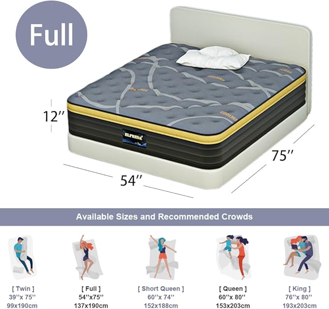 Elfreda Full Mattress, 12 inch Pillow Top Hybrid Mattress, Memory Foam and Pocket Spring Firm, Supportive & Pressure Relief Full Size in a Bag