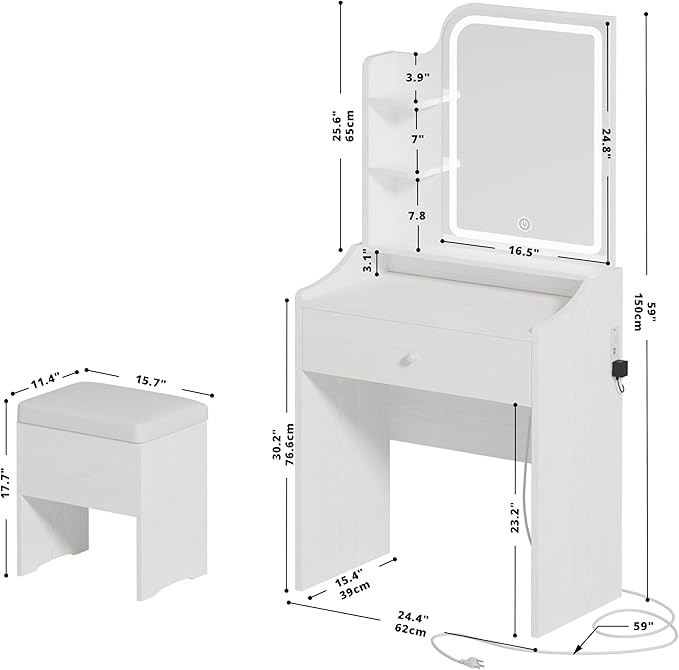 LIKIMIO Small Makeup Vanity Desk with Mirror and Lights, Vanity Table Set with Storage Drawer, Chair and Three Shelves, Bedroom, White