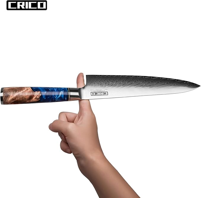 CRICO Damascus Chef Knife 8 inch, Professional Kitchen Knives with Sheath, Forged Japanese VG10 67-Layers Super Steel, Stable-Wood&Resin Handle, Razor Sharp, Gift Box - Flow Series