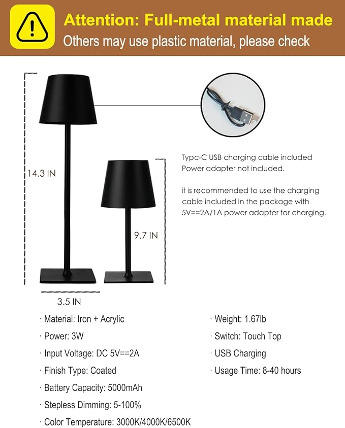 Cordless Table Lamp, Rechargeable Table Lamp with Touch Dimmable Control, Portable LED Desk Lamp for Indoor Patio (Black-Rectangle, 1)