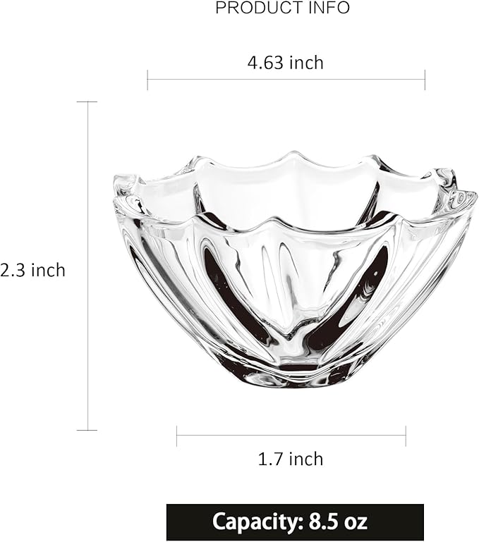 Small Glass Bowls Set of 6-8.5 oz Scalloped Dessert Bowls for Ice Cream, Snacks, Side Dishes, Dipping, Prep Meal, Serving