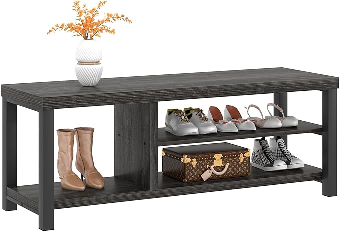 FOLUBAN Entryway Bench with Shoe Storage, Vintage End of Bed Bench, Rustic Wooden Entry Bench for Hallway Front Door Entrance, Industrial Indoor Bench for Bedroom Living Room, Dark Gray, 47 Inch