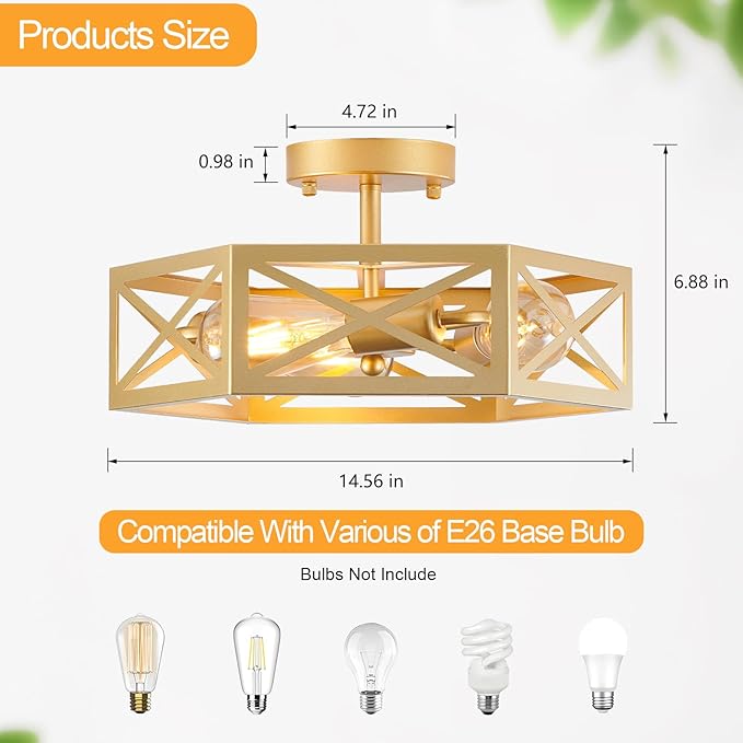 Flush Mount Ceiling Light, Gold Light Fixtures Ceiling Mount, 3 Light Modern Close to Ceiling Light Fixture with Metal Hexagon Cage Brass Lights for Kitchen, Hallway, Bathroom