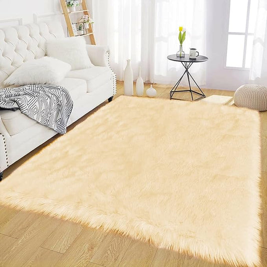 Latepis Yellow Rugs for Living Room Faux Sheepskin 5x6.7 Fuzzy Rugs Washable Fur Rug for Bedroom Bedside Home Décor, Rectangle