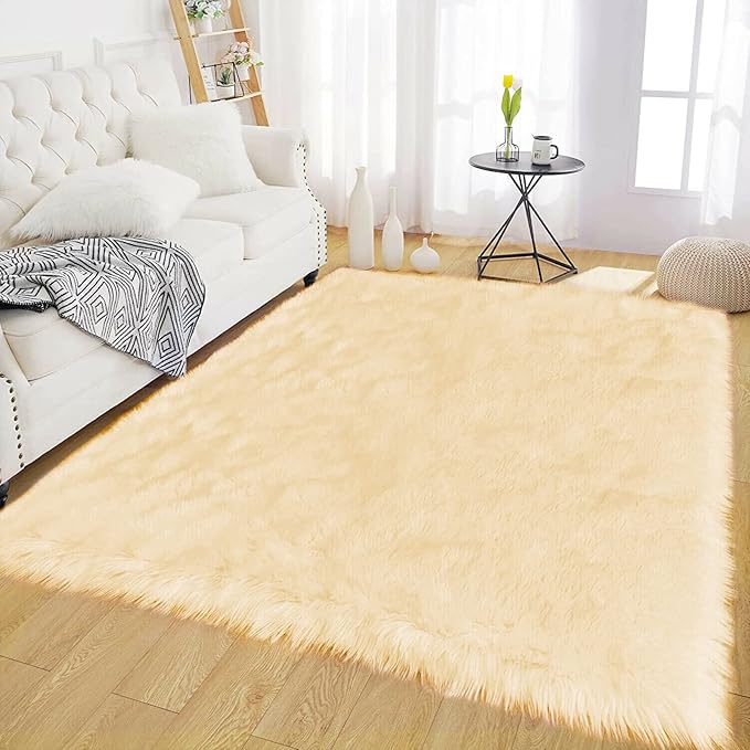 Latepis Yellow Shaggy Rug Bedroom Rugs 4x6 Area Rug Washable Faux Sheepskin Fur Rug for Living Room Décor, Rectangle