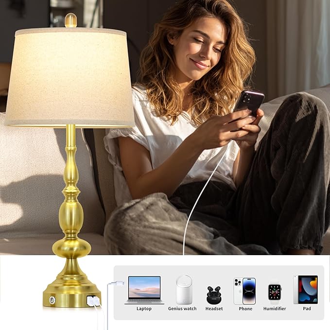 29" Modern Gold Table Lamps Set of 2, Industrial Touch Control 3-Way Dimmable Bedside Lamp with USB C+A Ports, Metal Farmhouse Nightstand Lamps for Living Room Bedroom End Tables(2 LED Bulbs Included)