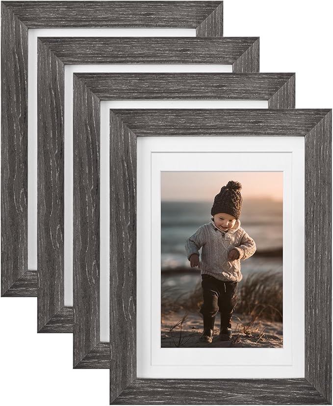 KINLINK 5x7 Picture Frame Ash Black, Solid Wood Frames with Acrylic Plexiglass for 3.5x5/4x6 with Mat or 5x7 without Mat, Tabletop and Wall Display Photo Frame, Set of 4