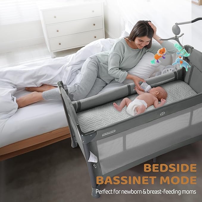 JOYMOR Baby Bassinet, Pack and Play with Bassinet and Carry Bag, Convert to Bedside Sleeper with Toy, Wheels for Boys Girls (Gray)