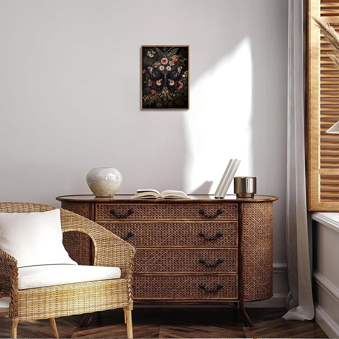 Djmwtb Vintage Framed Wall Art Butterfly Canvas Wall Art Prints Gothic Botanical Floral Pictures Dark Academia Flower Painting Wall Decor Artwork for Living Room Bedroom Bathroom Office 8x10in