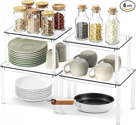 Acrylic Cabinet Organizer Shelf-4 Pack,Stackable Spice Rack Organizer for Cabinet,Clear Shelves for Kitchen Organizers and Storage