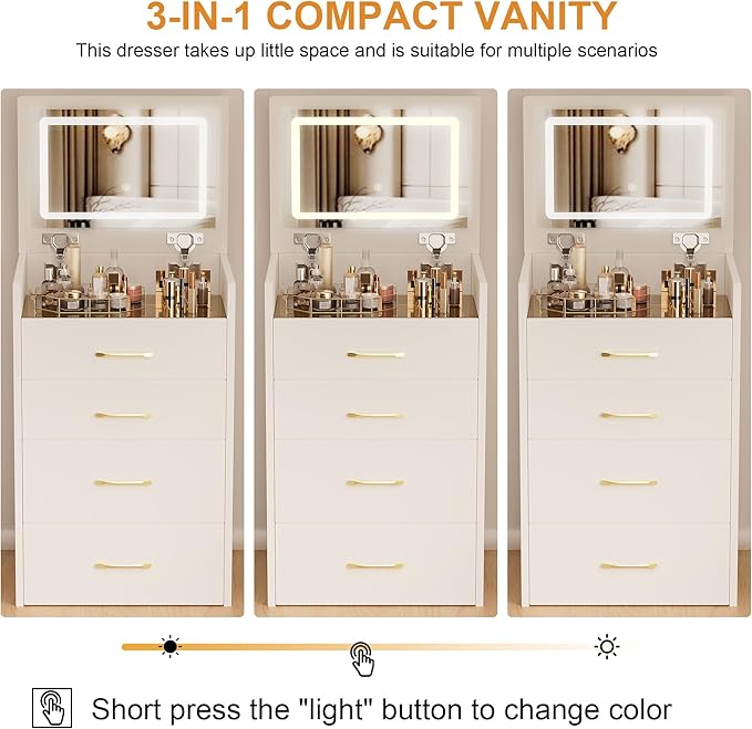 Ball & Cast 3-in-1 Vanity Desk with Flip Mirror & Glass Desktop,3 Dimmable Colors Light Compact Makeup Vanity Table Set w/3 Deep Drawers,Adjustable Brightness Dressing Table for Women Girls Bedroom