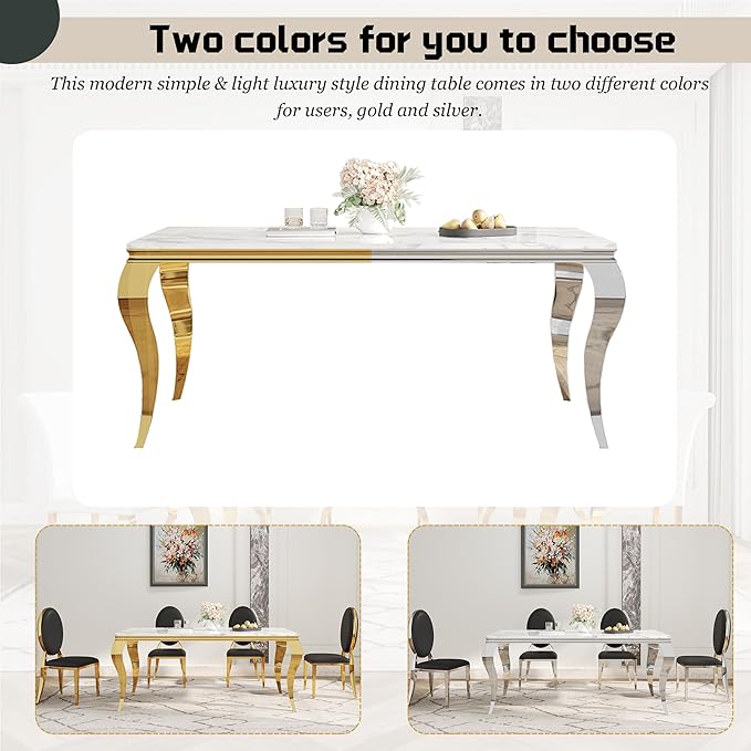 7-Piece Dining Table Set for 6, Faux Marble Modern Dining Table Set with 6 Round Backrest Upholstered Chairs, 70“ Stainless Steel Legs Table & Chair Set for Kitchen, Black & Gold