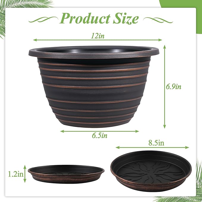 12 Inch Plastic-Flower Pot-for-Indoor Plants, 3 Pack Large planters for Outdoor Plants with Drainage Holes & Saucers, Retro Antique Imitation Decorative Garden Pots Planters