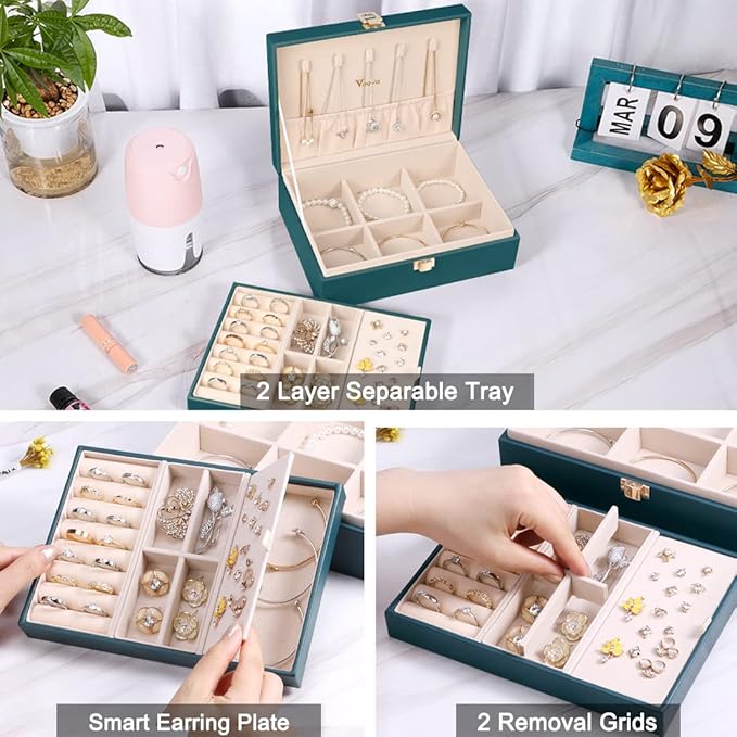 Voova Jewelry Box Organizer for Women Girls, 2 Layer Large Men Jewelry Storage Case, PU Leather Display Jewellery Holder with Removable Tray for Necklace Earrings Rings Bracelets, Indigo