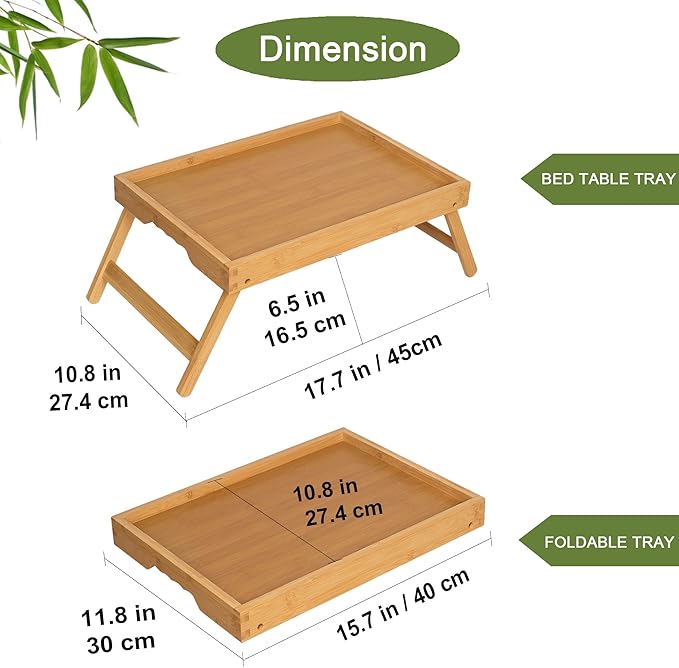 Bamboo Bed Tray Table with Foldable Legs, Breakfast in Bed Tray for Kitchen Serving Tray, Eating, Working, Drawing Tray (2 Pack, Bamboo)