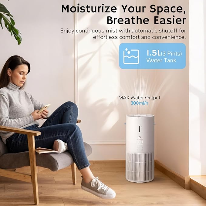 Airthereal 2 in 1 Air Purifier with Humidifier for large room up to 1325 ft², with 3-Stage Filters, Air Quality Monitor and Quiet Sleep Mode, Evaporative Humidifier with Auto Humidity Control, AEH300
