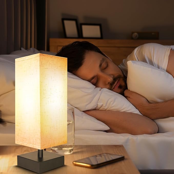 Small Bedside Lamp, Mini Minimalist Table Lamp with Square Flaxen Fabric Shade, 11 Inch Desk Reading Lamp for Bedroom, Living Room, Office, 2 Pack